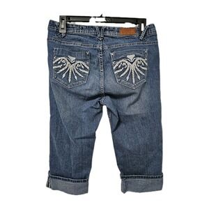 VGS Capri Jeans Womens 6 Blue Denim Embroidered Back Pocket Cuffed Cropped Boho